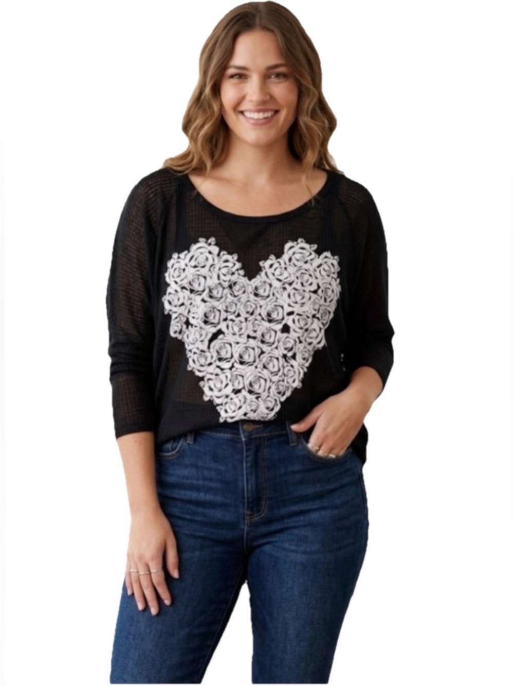 Lauren Moshi Floral Heart Women’s Black & White Sweater Size XS/Small